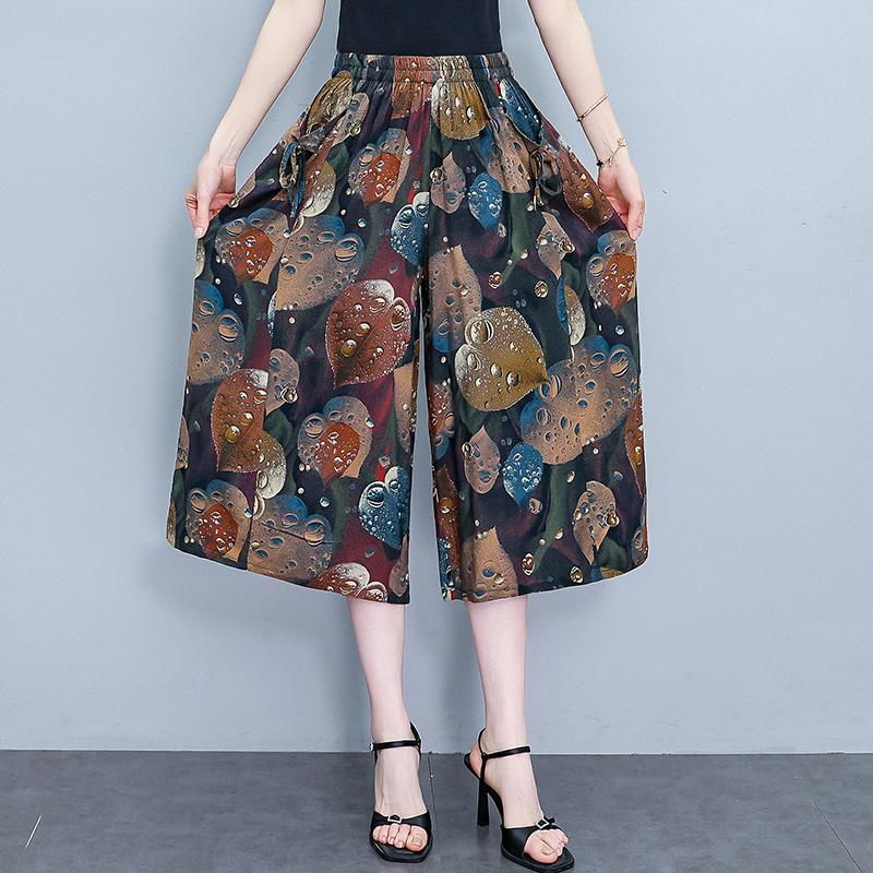 Letní kalhoty se širokými nohavicemi pro ženy Elegantní nadměrné velikosti Ležérní Elastický pas Sukňové kalhoty Vintage oblečení