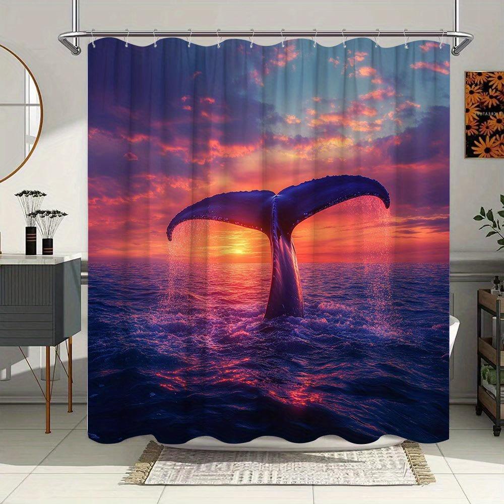 1pc Sunset Whale Tail Bathtub Curtain - Ethereal Ocean Art with Majestic Marine Mammal, Radiant Pink Orange Purple Sky