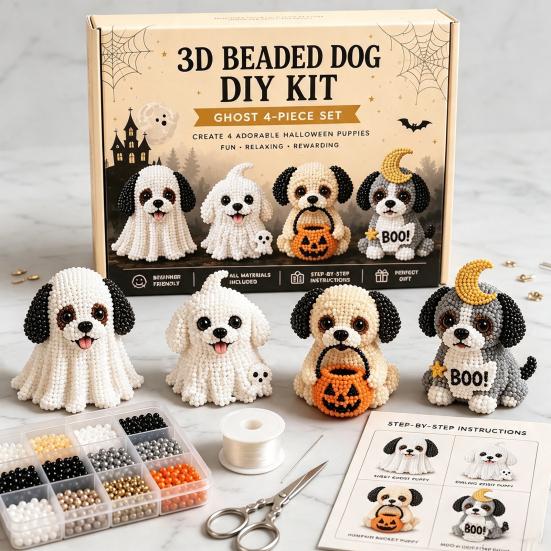 Crafts for Cat Dog Lovers 3D Halloween DIY Art Set, Beaded Puppy Craft Kit, Cute Funny Animal Theme Crafting Set Kit Beginners Adults, Home Desk Decor
