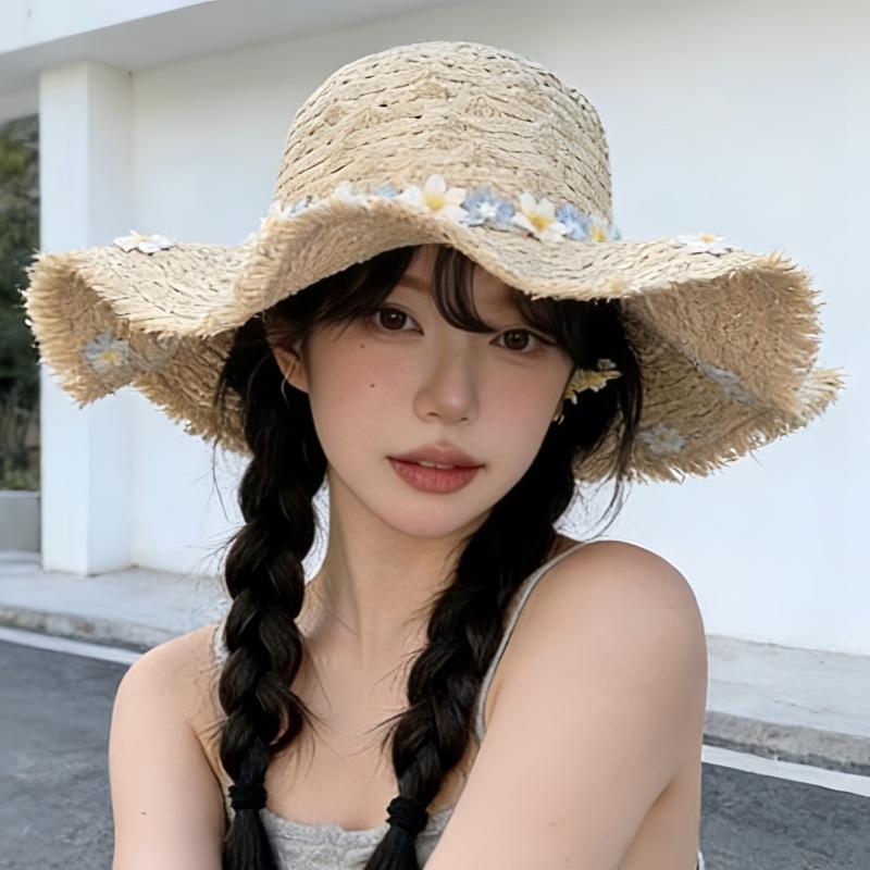 Summer New Seaside Sun Hat Breathable Sunscreen Hat Large Brim Bucket Hat Foldable French Lace Straw Hat