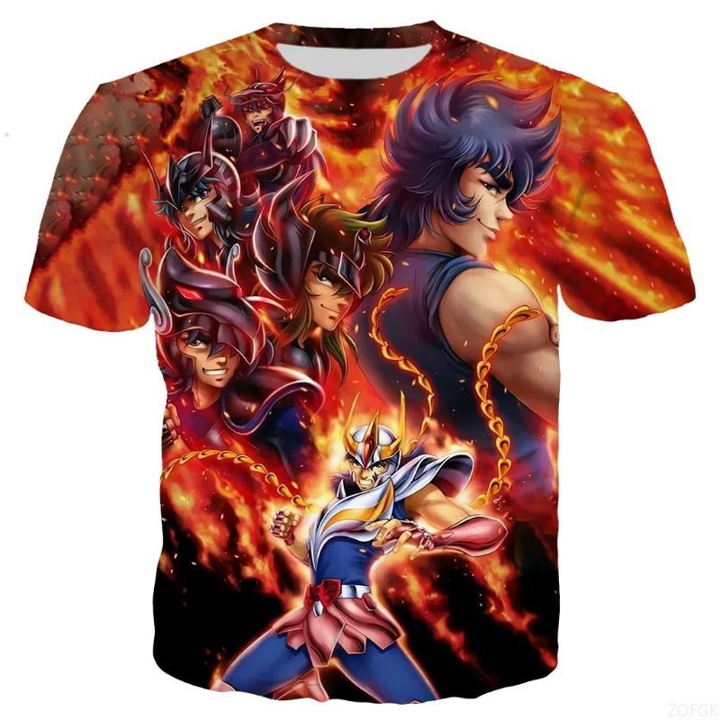 Verano Nuevo Harajuku Saint Seiya Impresión 3D Moda Callejera Casual Niños Cuello Redondo Holgado Manga Corta