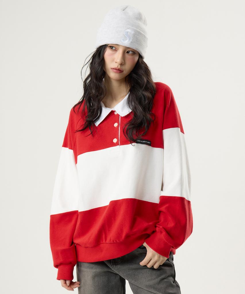 UNKNOWN PLANET Daily Cotton Collared Color Block Sweatshirt Red