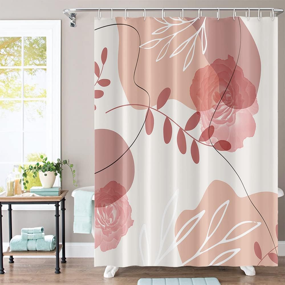 Boho Floral Bathroom Shower Curtain - Tropical Green Leaves, Pink Flowers - Waterproof Polyester Fabric - Mid Century Modern