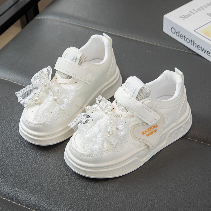 Girls' Sneakers Spring and Autumn New Children's White Shoes Leather Panel Shoes Flat Breathable Running Shoes Trendy