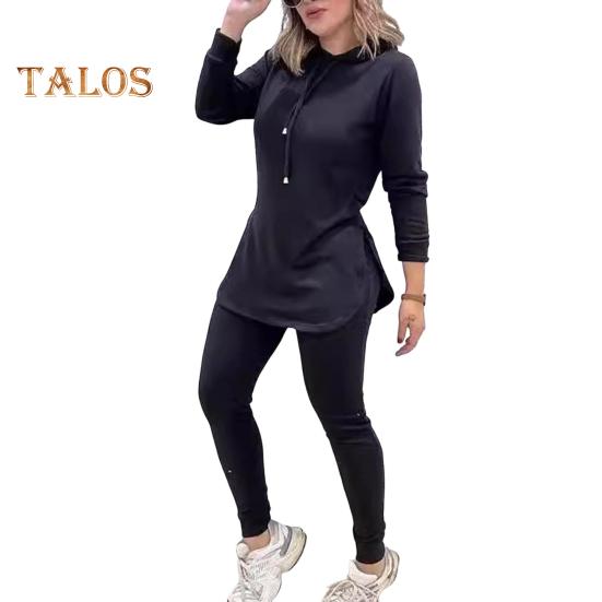 2 Pcs/Set Women Top Pants Set Hooded Long Sleeves Solid Color Slit Hem Sweatshirt Elastic Waist Slim Fit Trousers Sport Outfit Fall Spring Tracksuit