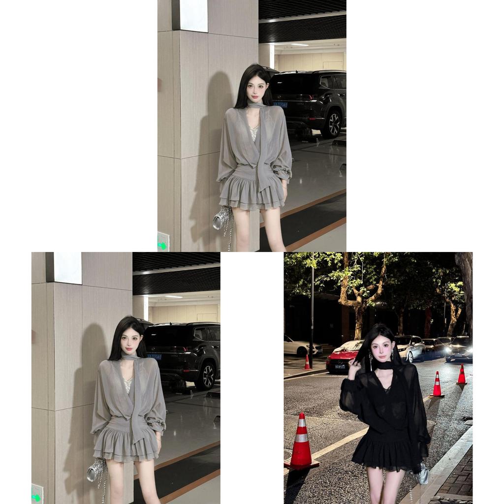 Elegant Satin Polyester Spliced Vneck Long Sleeve Dress For Fall Season Womens Formal Wear