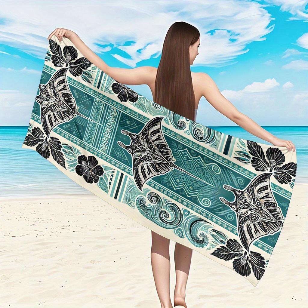 Ka Chen Muda Unisex White 1Pc Polynesian Manta Ray Beach Towel Polyester Quick Dry Travel Towel Lightweight Soft For Swimming Camping Surfing Beach
