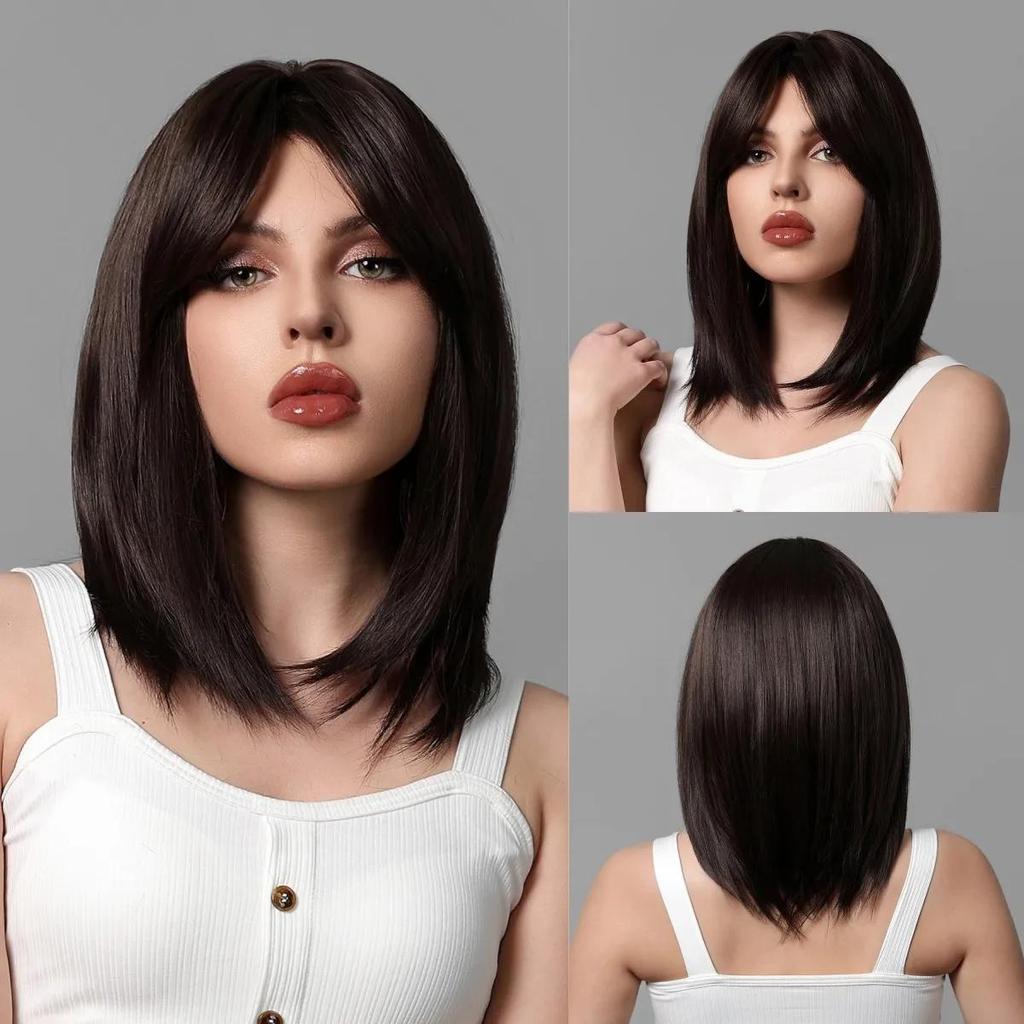 BLONDE UNICORN Short Straight Brown Blonde Ombre Wig Synthetic Bob Wig with Bangs Cosplay Party Daily Natural Hair for Women Heat Resistant