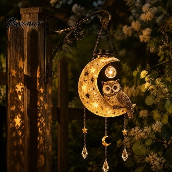 Decorative Solar Lights for Balcony Owl/Cat Moon Hanging Light, Outdoor Garden Wind Chime with LED Powered Fairy Tale Waterproof Resin Lamp,
