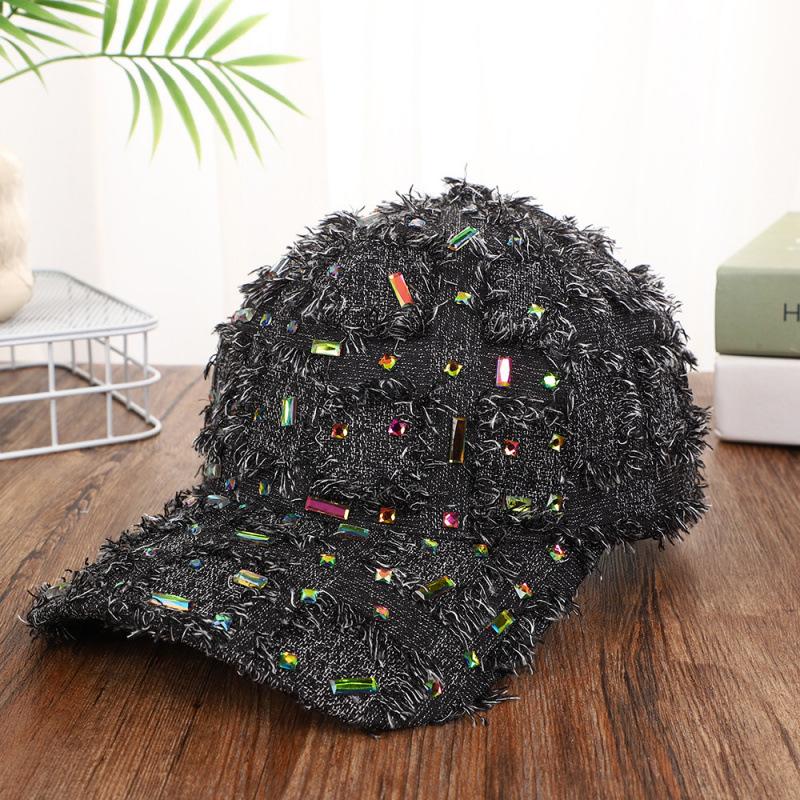Fashion Hat hats, European and American style handmade diamond-studded ripped denim baseball hats, trendy women's rhinestone sunshade baseball