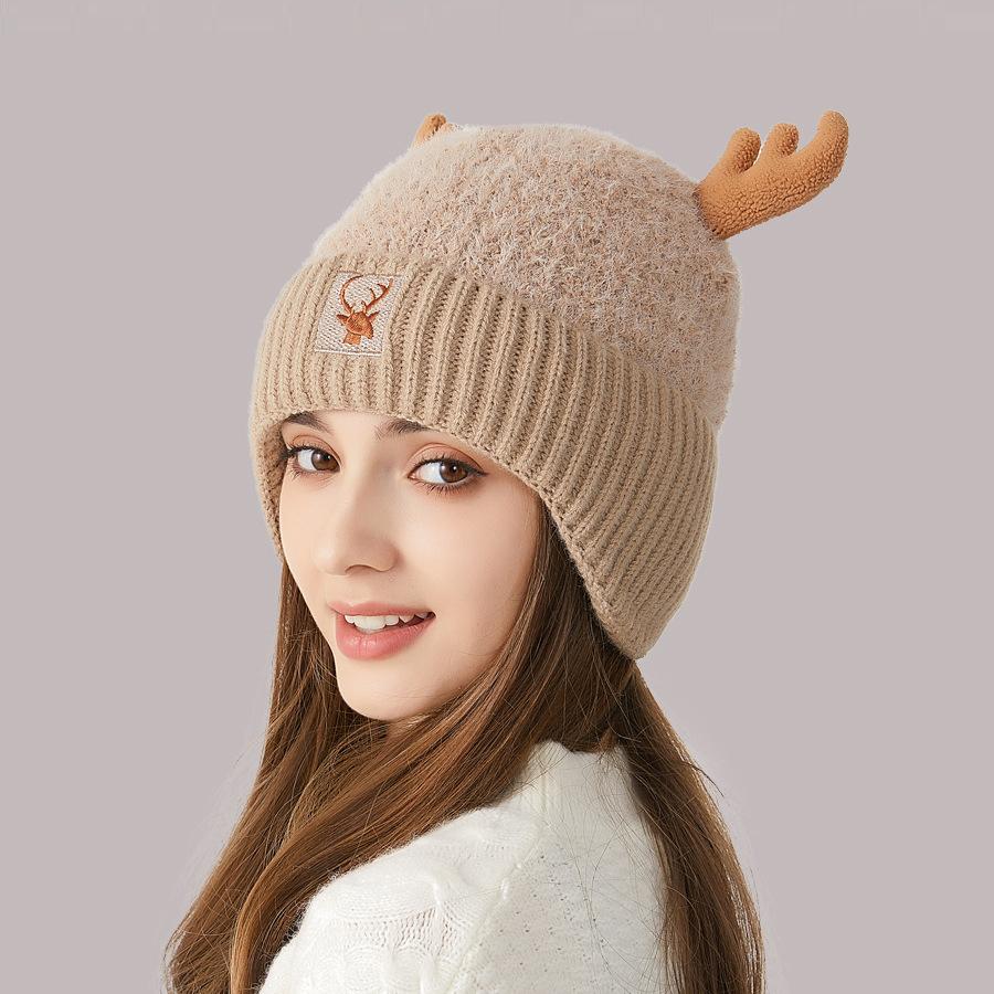 Knitted Hat Women's Stitching Antler Ear Protection Thick Warm Hat Women's Winter Wool Hat