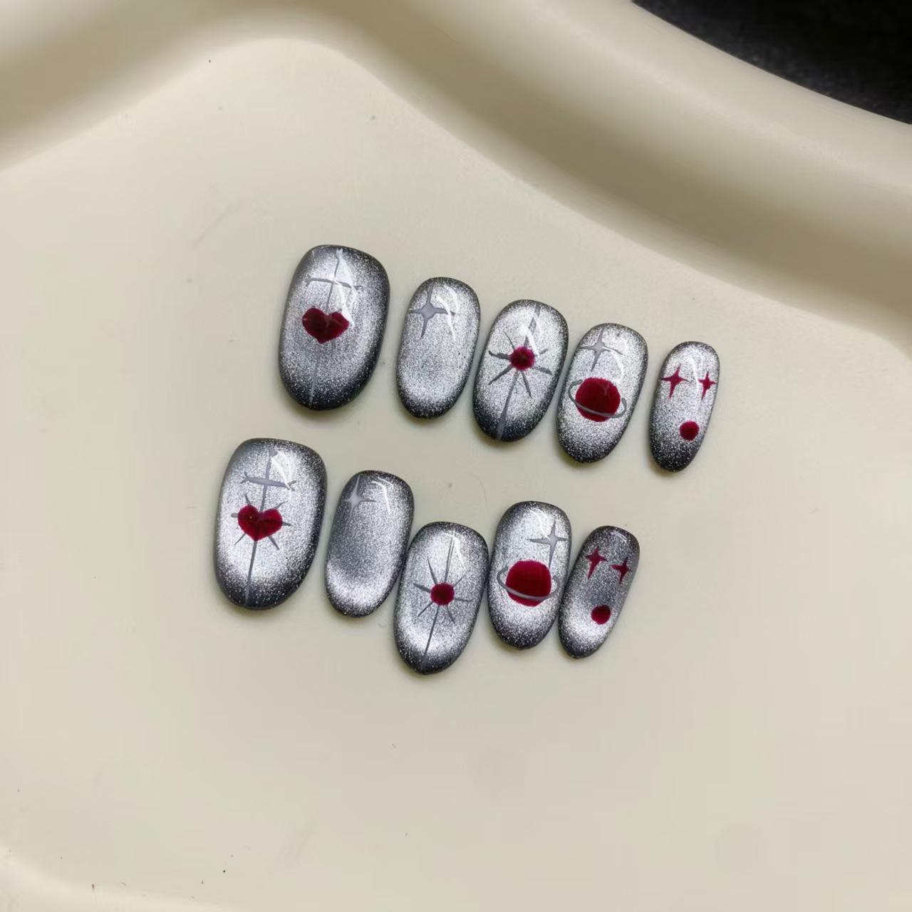 High-Grade Gray Cat Eye Red Heart Planet Short Style Manicure Extra Small