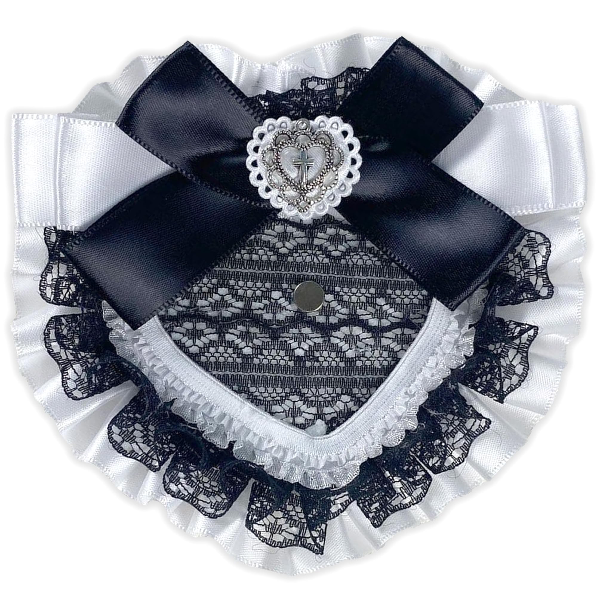 

Heart-shaped Frilled Rosette with Cross Charm, Gothic Ita-Rosette for Can Badges, Includes Magnet, White [Used]