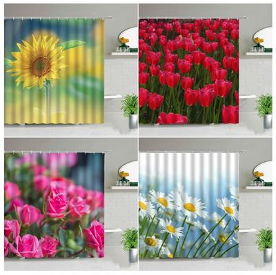 Blumen Duschvorhänge Tulpe Sonnenblume Rose Blumige Pflanze Badezimmer Szenerie Badezimmer Dekor Polyester Stoff Badewannen Vorhang Set