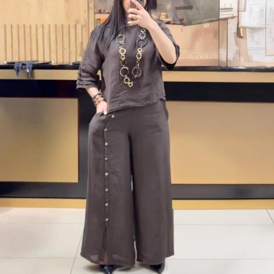 Women's Loose Cotton Linen 2-Piece Outfit Short Sleeve Top And Split Wide Leg Pants Set Summer Casual Lounge Set