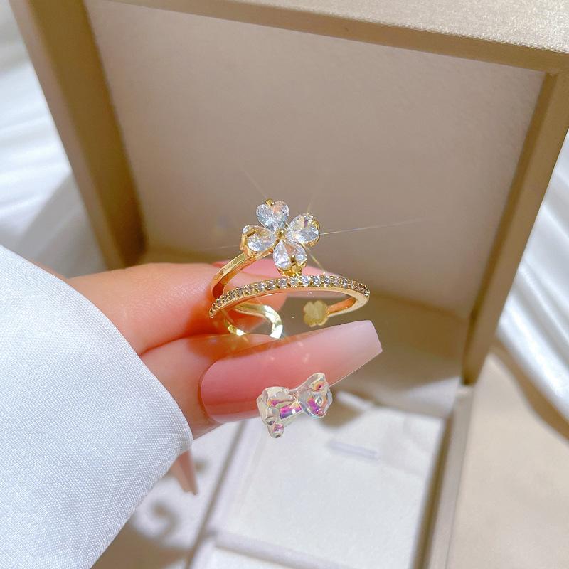 Real Gold Lucky Flower Full Diamond Ring Opening Adjustable Simple Jewelry Japanese Ring Couple Ring