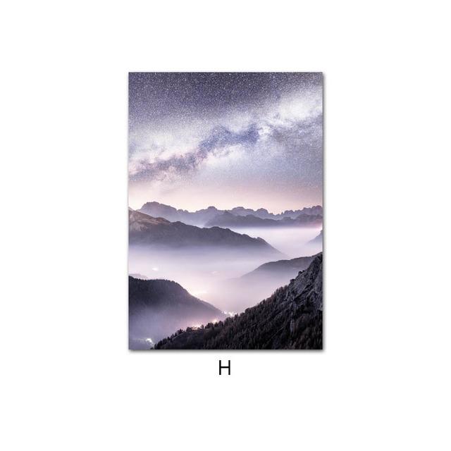 

Фиолетовый закат, природа, пейзаж, художественный постер, Звездная ночь, туманная гора, холст, картина, настенный принт, скандинавское украшение для дома, картина 30x40cm No Frame