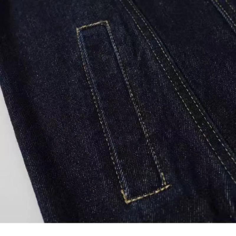 Women Dark Blue Crochet Collar Button Down Oversized Denim Jacket