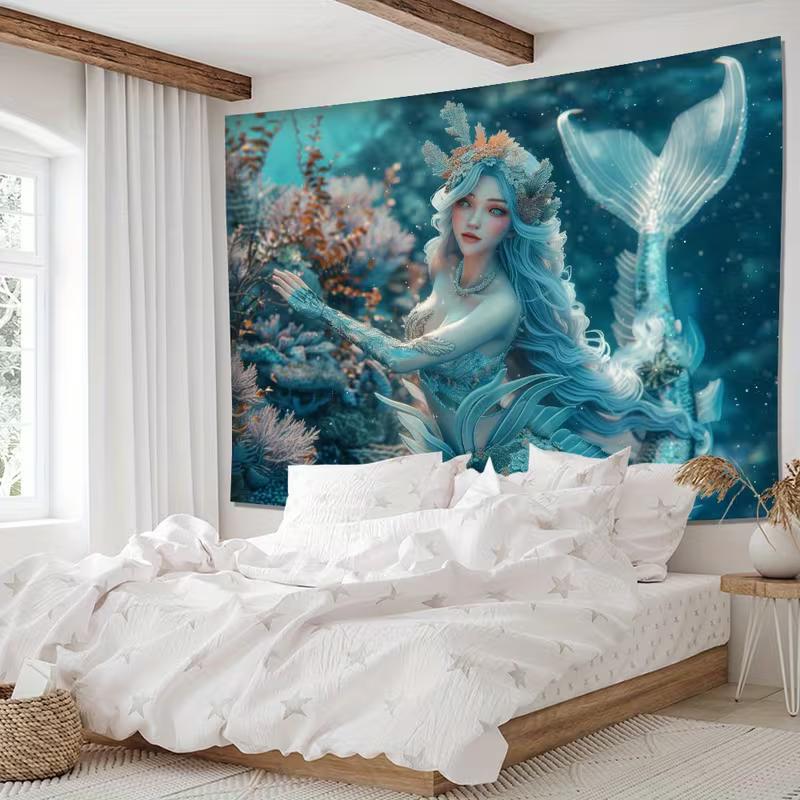D Blue Mermaid Princess Tapestry, Sea World Aesthetic Wall Art for Room Aesthet