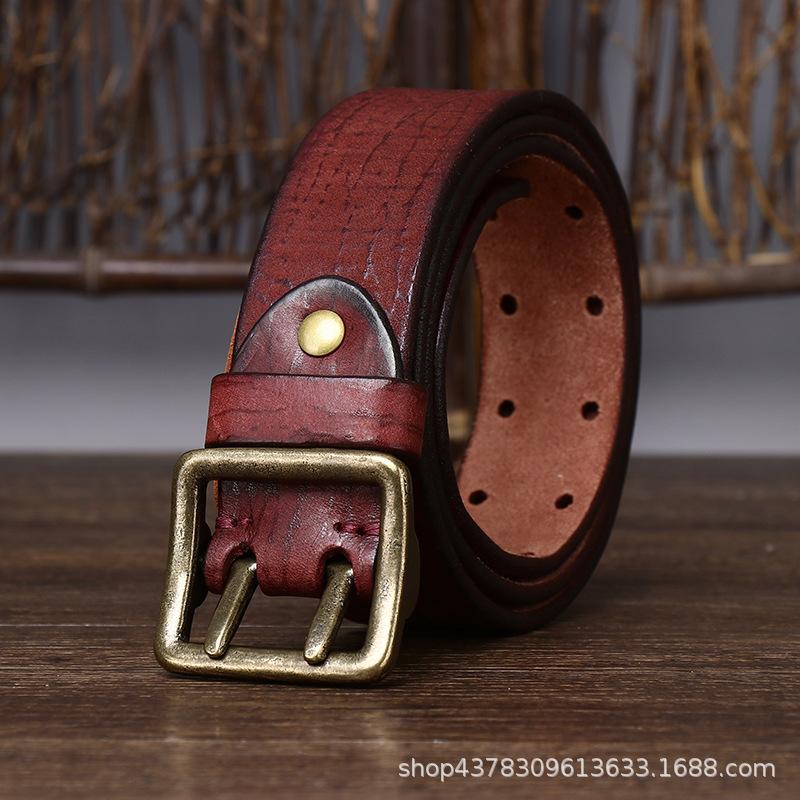 2024 New Korean Retro Vintage Vintage Fashion Personalized Double Needle Copper Buckle Belt Men's Genuine Leather Pure Cowhide Cowboy Belt