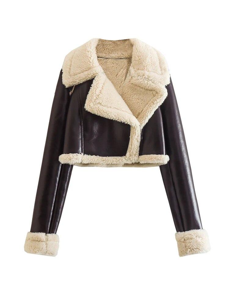 Abrigo corto de lana de cordero con solapa para mujer, chaqueta de mujer con cremallera de doble cara para otoño e invierno, Tops gruesos y cálidos de lana para mujer, prendas de vestir