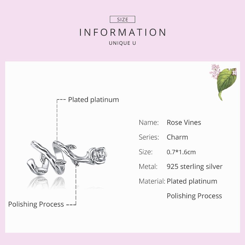 Bamoer 925 Sterling Silver Rose Vines Metal Charm for Original Silver Bracelet Fine Plated Platinum DIY Jewelry