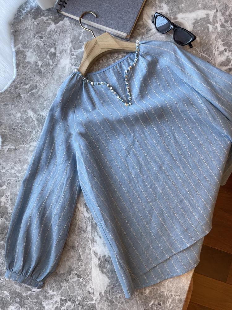 

Холодная Свободная Льняная Майка на Шнурках с Бисером и V-образным Вырезом в Вертикальную Полоску L синий