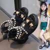Girls Princess Shoes with Sweet Flowers Pearls Kids Roman Sandals Back Zipper 2025 Summer New Children Beach Shoes Soft Sole