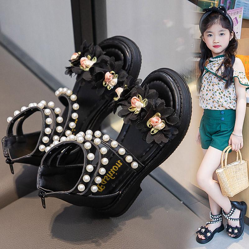 Girls Princess Shoes with Sweet Flowers Pearls Kids Roman Sandals Back Zipper 2025 Summer New Children Beach Shoes Soft Sole
