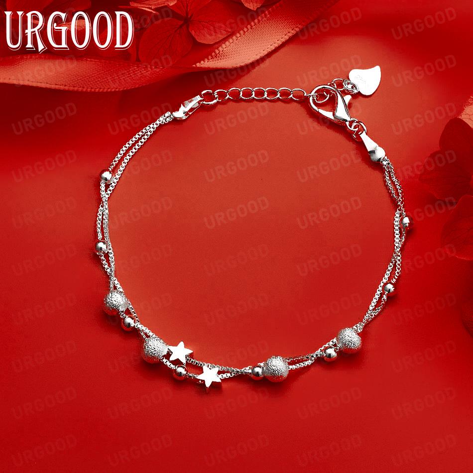925 Sterling Silver Five-Pointed Star Bead Side Chain Exquisite Bracelet Gift Jewelry 20CM
