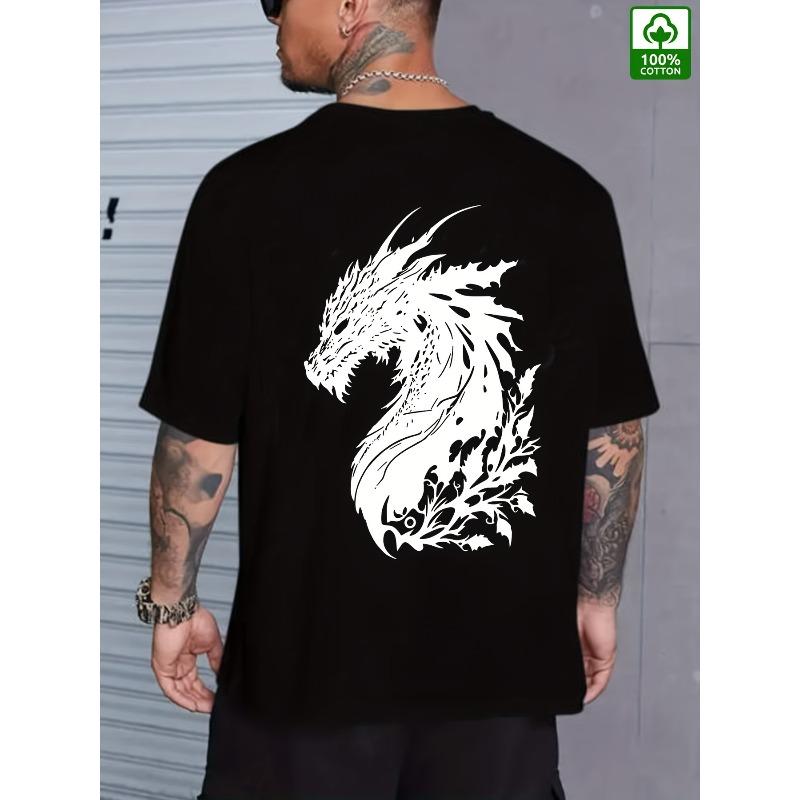 

European sizes Men s Summer T-Shirt with Black Dragon Print, Short Sleeve Round Neck Tee for Outdoor and Casual Attire 4XL чорний