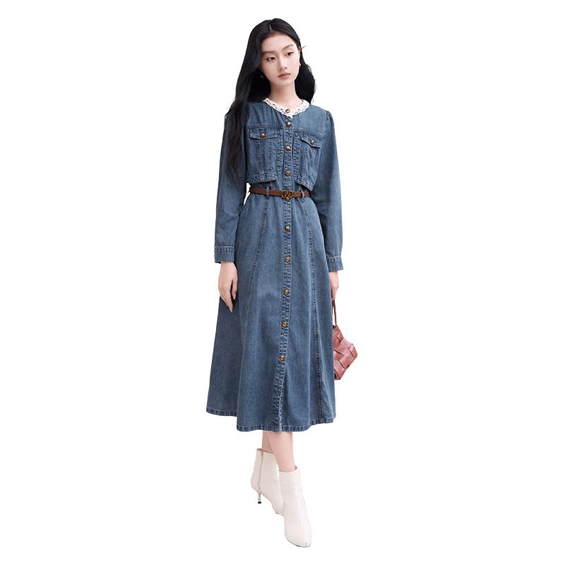 Xiangying Women s Retro Long-Sleeve Denim Dress M