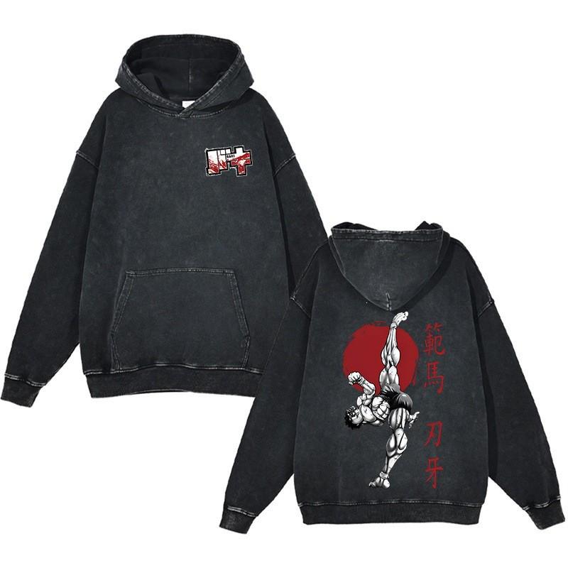 Baki Hanma Anime Streetwear Hoodie Heavyweight Cotton Washed Vintage Style Mens Long Sleeve Pullover