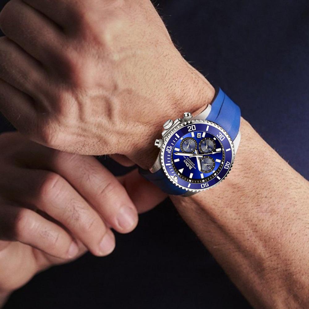 Sport Style Watch for Men Waterproof Chronograph Watch with Mineral Glass, Silicone Band Wristwatch