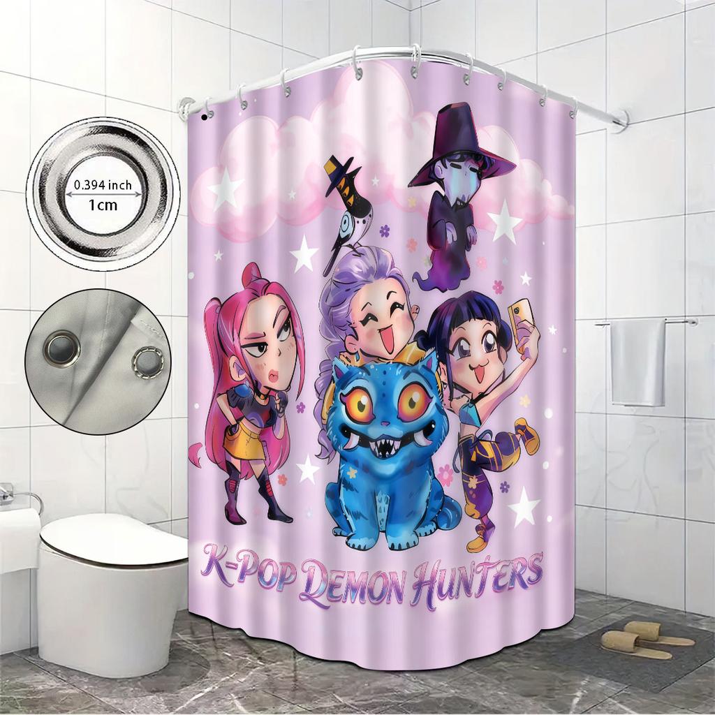 1pc K-Pop Demon Hunters Print Waterproof Shower Bathroom Partition Privacy Hanging Curtain with 12 Hooks Easy Installation