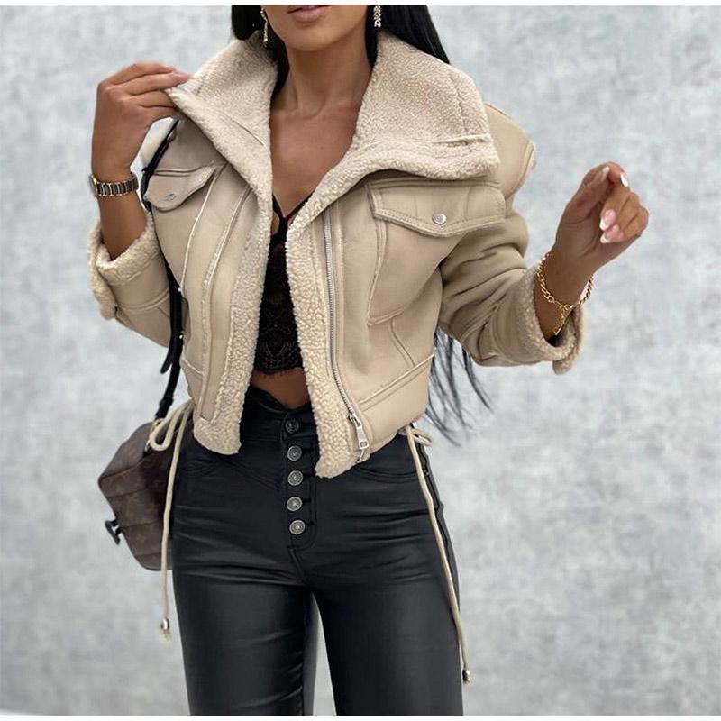 

Короткая куртка из овечьей шерсти, куртка в стиле мотоцикла на молнии, женская теплая свободная куртка из искусственной кожи с длинным рукавом и карманом на лацкане, женская флисовая верхняя одежда на осень-зиму L бежевый