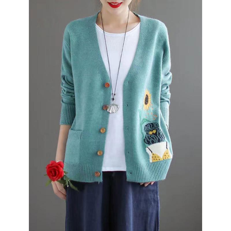 Women S Vintage V Neck Long Sleeve Knit Cardigan Loose Fit Thin Sweater Coat