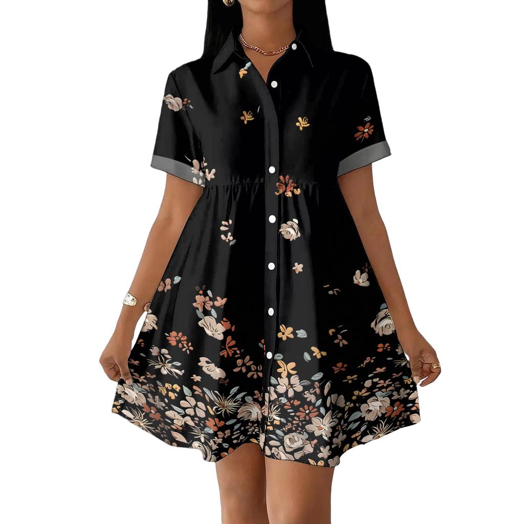 Women’s Casual Loose Fit Shirt Dress Button Down Stand Collar Short Sleeve Relaxed Tunic Dress with Geometric Print