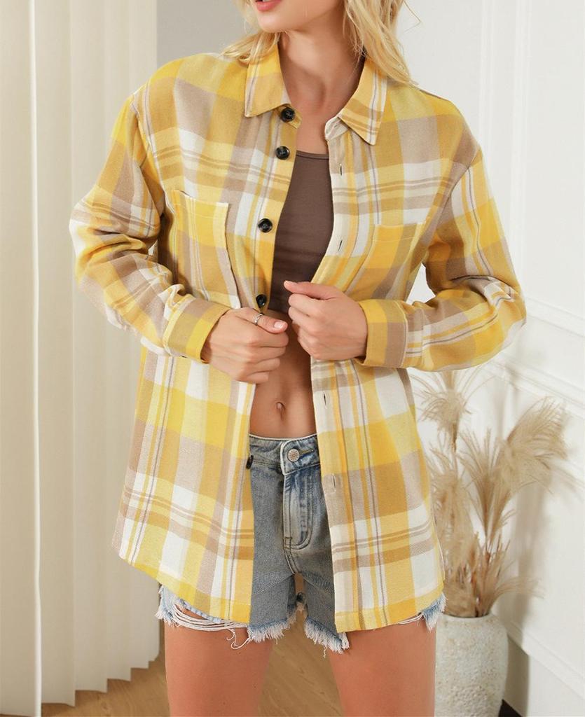 2024 Women's Pink Plaid Loose Long Sleeve Shirt Jacket