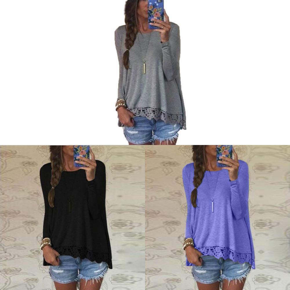 Trendy Femme Blouse Manches Longues Dentelle Sweat Lche T-shirt In Gray For Stylish Layers