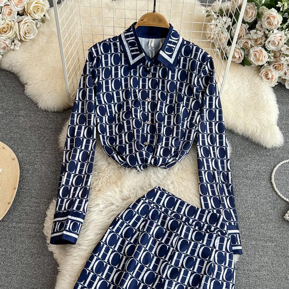 Women's Summer Version of The Loose Single-breasted Letters Printed Shirt Two-piece Set of High-waisted Thin Straight Wide-legged Trousers