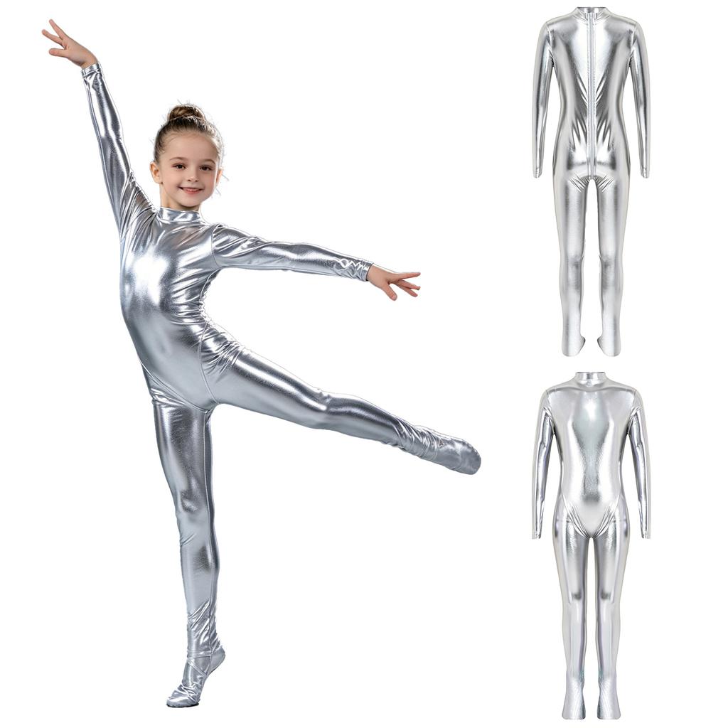 Long Sleeve Front Zip Metallic Footed Bodysuit for Girls Shiny Unitard Jumpsuit Stage Performance Dance Competition