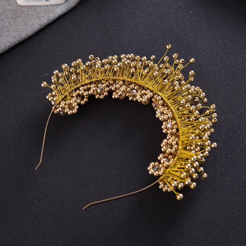 Gold Color Pearl Flower Headband Hairband Tiara for Women Pageant Bridal Wedding Hair Accessories Jewelry Crown Tiara Headband