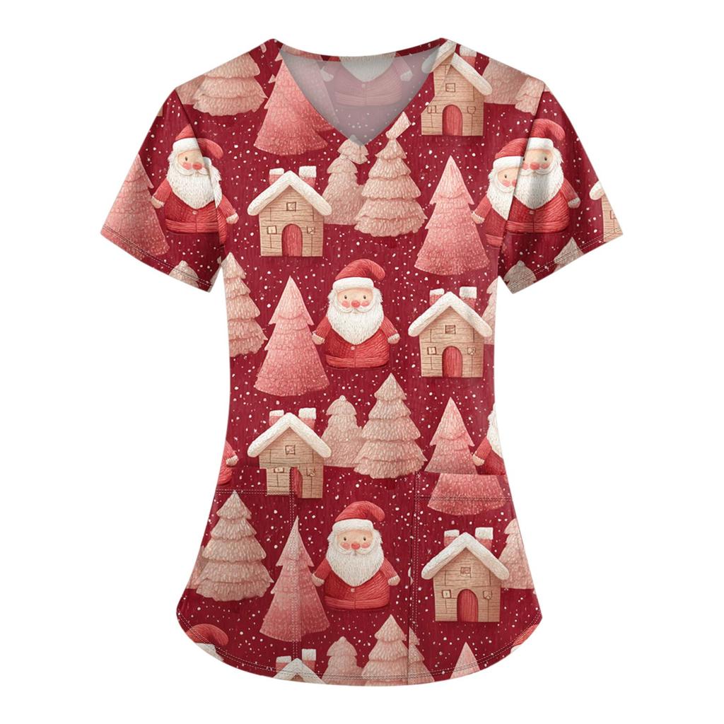 Damen-Bluse mit Weihnachtsdruck, kurzärmelig, V-Ausschnitt, Arbeitstasche