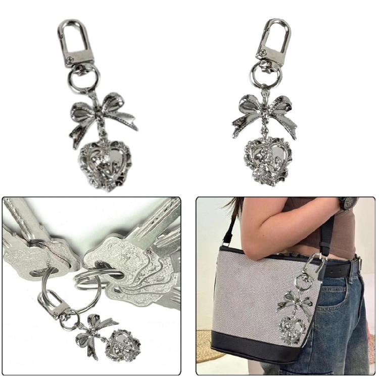 Lovely Bowknot Heart Key Holder Fashionable Key Pendant Love Heart Charm Alloy Texture Key Adornment Suitable for Bag