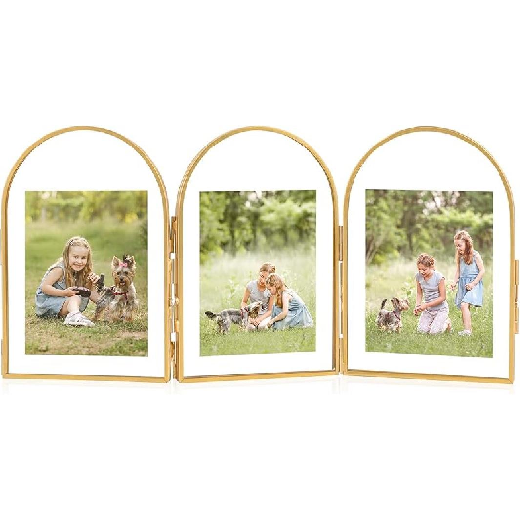Gold Floating Frame, Arched 4x6 Triple Gold Folding Picture Frames, Vintage Brass Glass Picture Frames for Artwork Photo Tabletop Display(4x6 4x6in