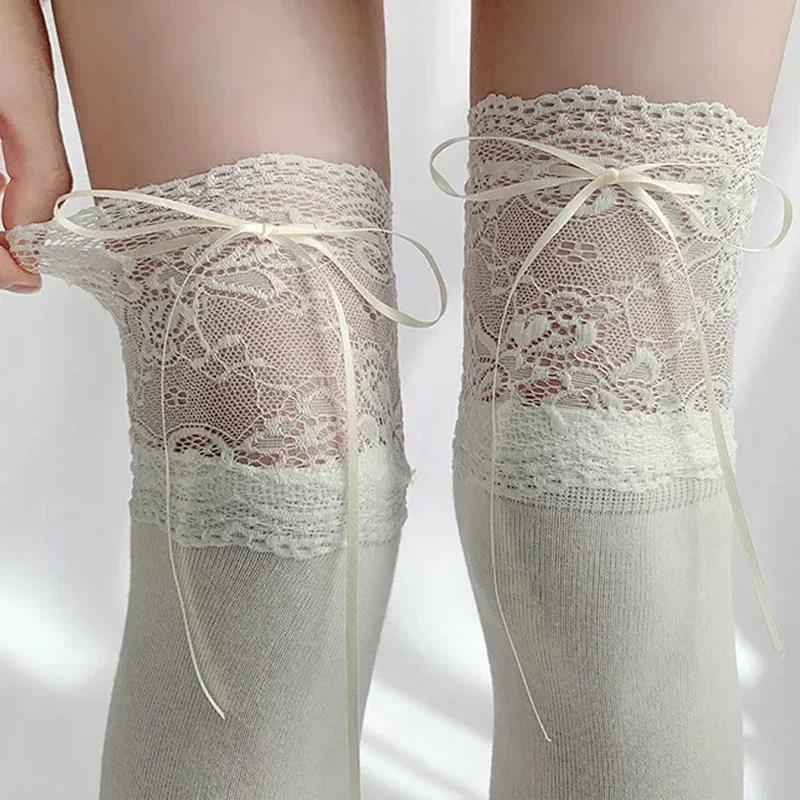 New Thigh High Socks Knit Lace Bowknot Autumn And Winter Thick Leg Warmers Stockings White Black Lolita Cute Over The Knee Socks