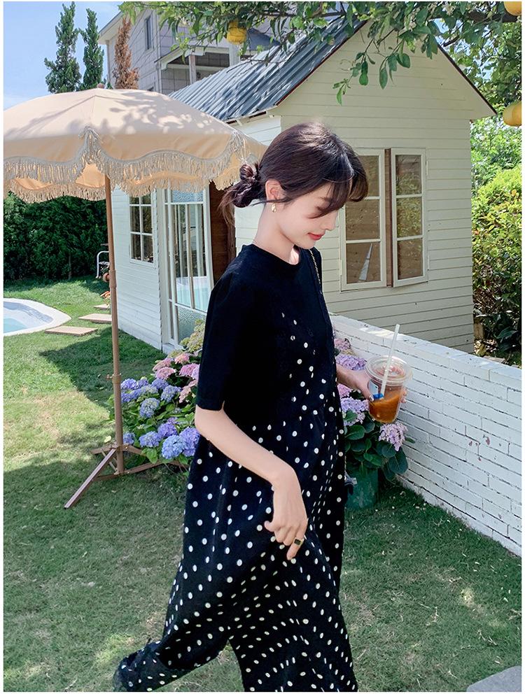 Abito a due pezzi con pois neri e patchwork, estate 2024 - Stile coreano, Vestibilità ampia e slim, Dolce gonna lunga per donna