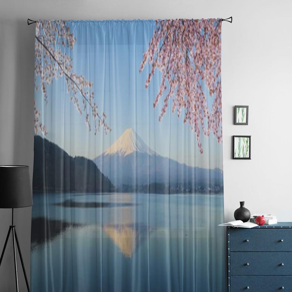 Mount Fuji With Cherry Blossom View From Lake Kawaguchiko Japan Sheer Curtains for Room Bedroom Window Voiles Tulle Curtain