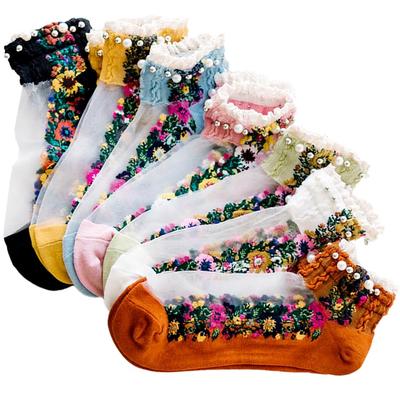 Moin Moin Short Ankle Socks with Floral and Pearl Set of 8 Colorful Floral 2504scs31 Patterns, Women's, Spring/Summer, Sheer, Thin, Breathable,